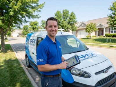HVAC Digital Marketing: The Ultimate Guide for 2026 — Wide-angle hero photo of a professional HVAC technician in branded uniform stand