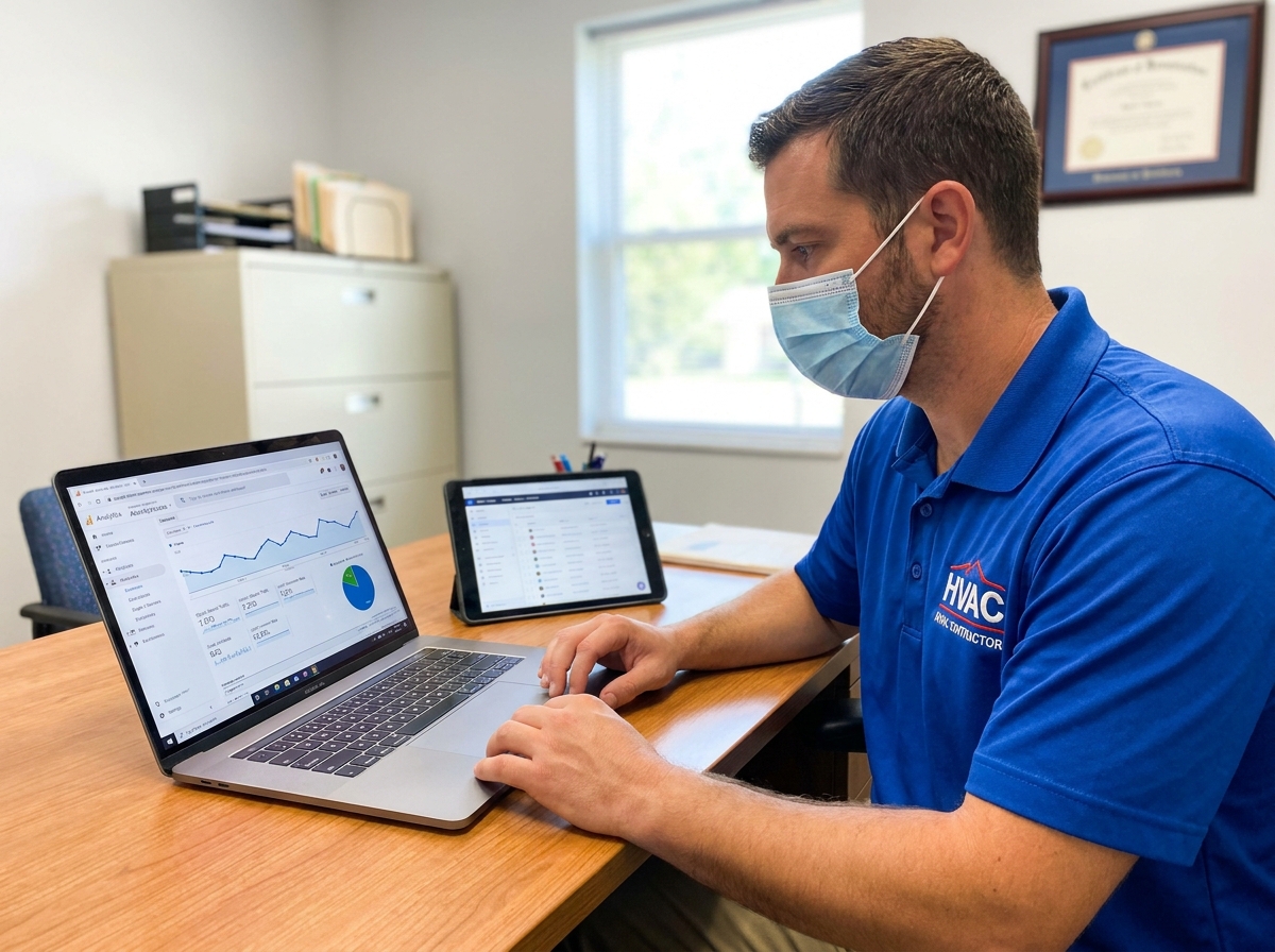HVAC Digital Marketing: The Ultimate Guide for 2026 — HVAC contractor reviewing digital marketing dashboard on laptop or tablet at a d