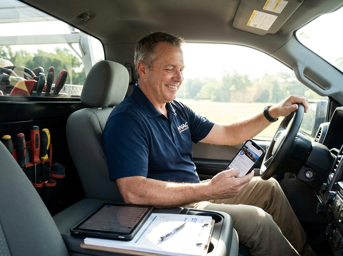 HVAC Digital Marketing: The Ultimate Guide for 2026 — HVAC contractor or office manager on a smartphone, responding to Google reviews