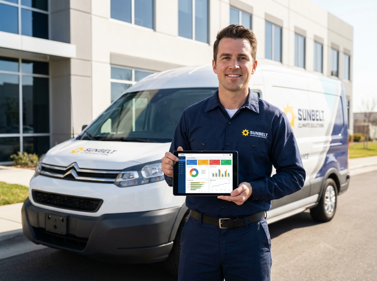 HVAC Marketing Ideas: 20 Proven Strategies for 2026 — Wide-format hero photo of a professional HVAC technician in branded uniform revi
