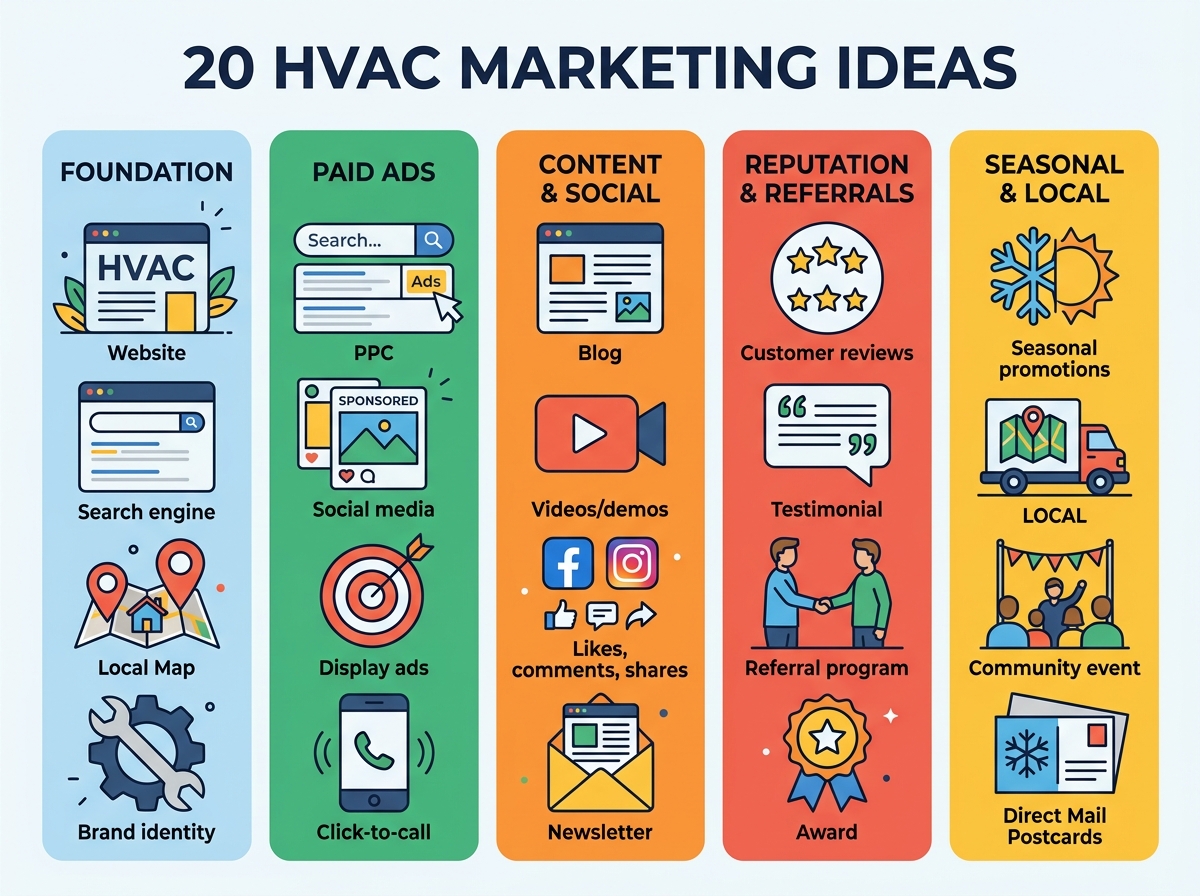 20 HVAC Marketing Ideas at a Glance — organized by category including SEO, paid ads, social media, reputation, and seasonal tactics