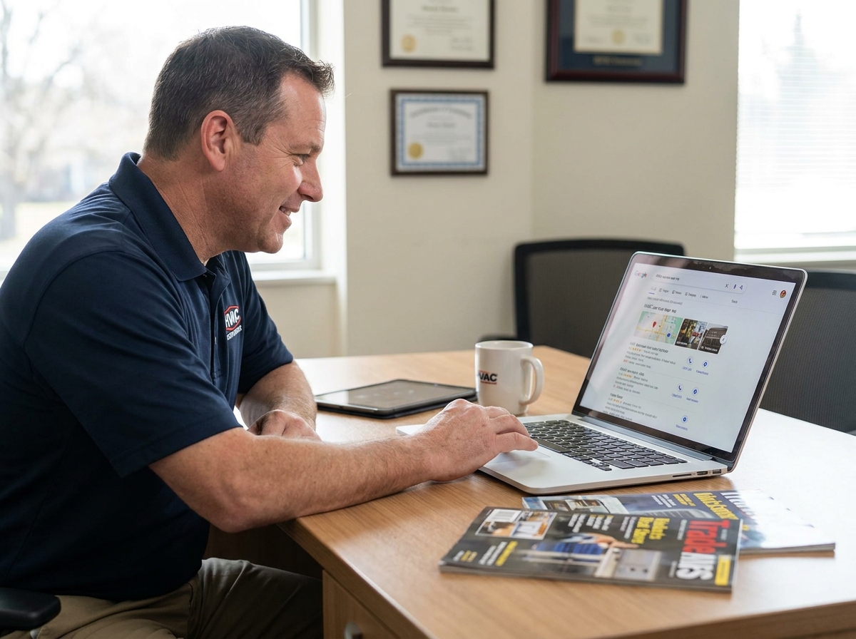 HVAC contractor reviewing Google search results for online marketing