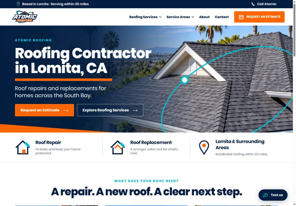 Atomic Roofing website redesign, desktop preview, in development