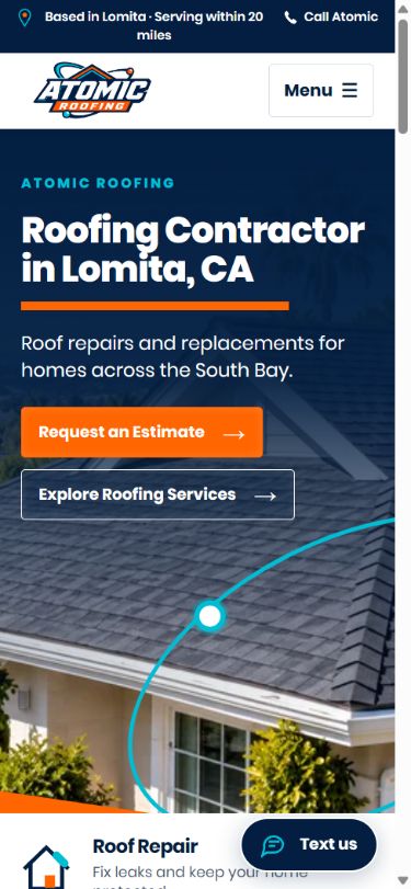 Atomic Roofing website redesign, mobile preview, in development